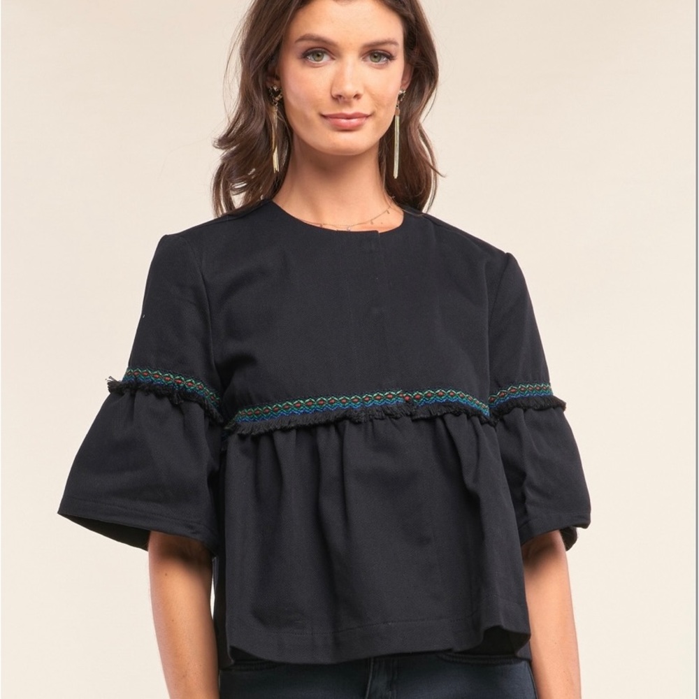 Black Multicolor Embroidery Shredded Trim Detail Midi